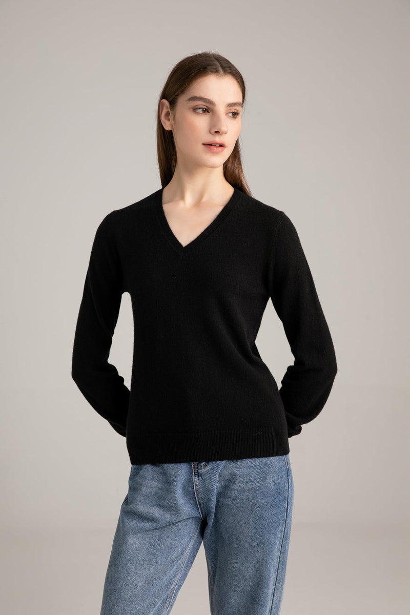 State Cashmere Womenâ€™s Essential V-Neck Sweater 100% Pure Cashmere Classic Long Sleeve Pullover (Black, Medium) - Image 3